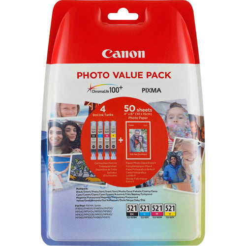 CLI-521 C/M/Y/BK photo value multi-pack (4” x 6” Photo Paper Plus Glossy II 50 sheets)